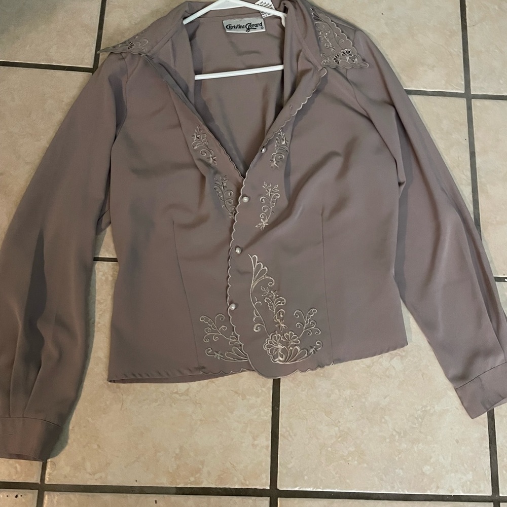 Tan detailed button down with shoulder pads